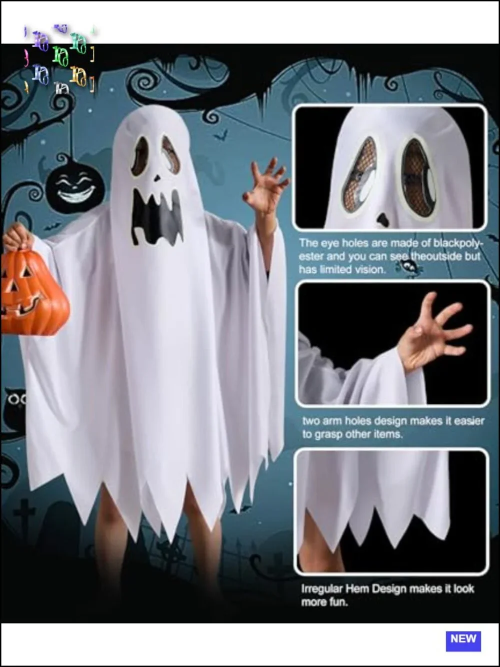 Kids Ghost Halloween Costume Cloak with Glow-in-the-Dark Design